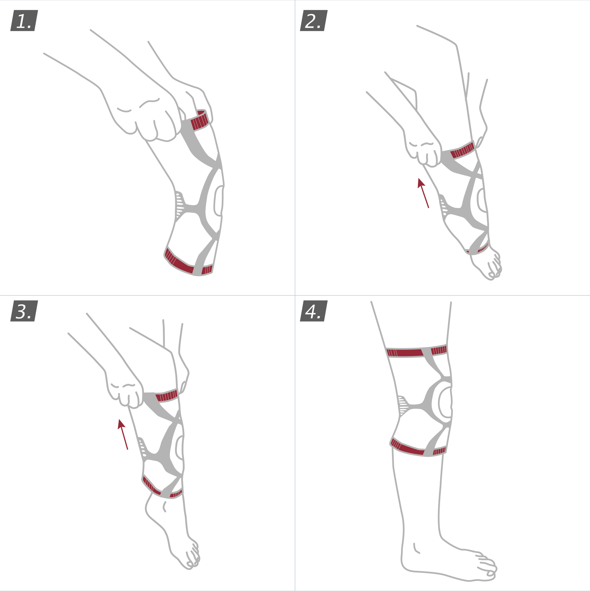 How to put on the Actimove Professional Line GenuMotion Knee Support: pull the support up your leg
 How to put on the Actimove Professional Line GenuMotion Knee Support: pull the support up your leg